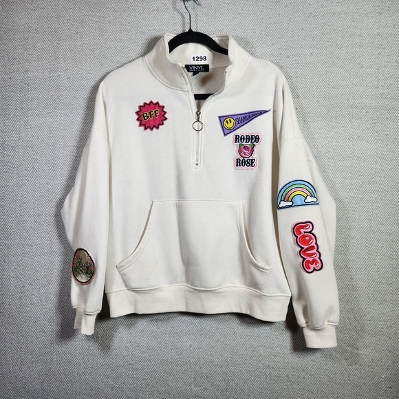 Vinyl Icons Tops - Vinyl Icons Cream Womens S Half Zip Sweatshirt With Decrotive Patches